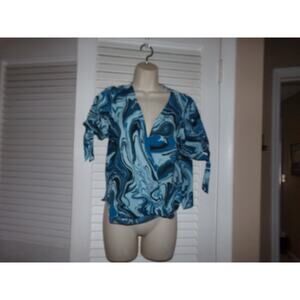 Michael Kors Blue Oasis‎ top with tie sleeves XS NWT $88 Crossover neckline